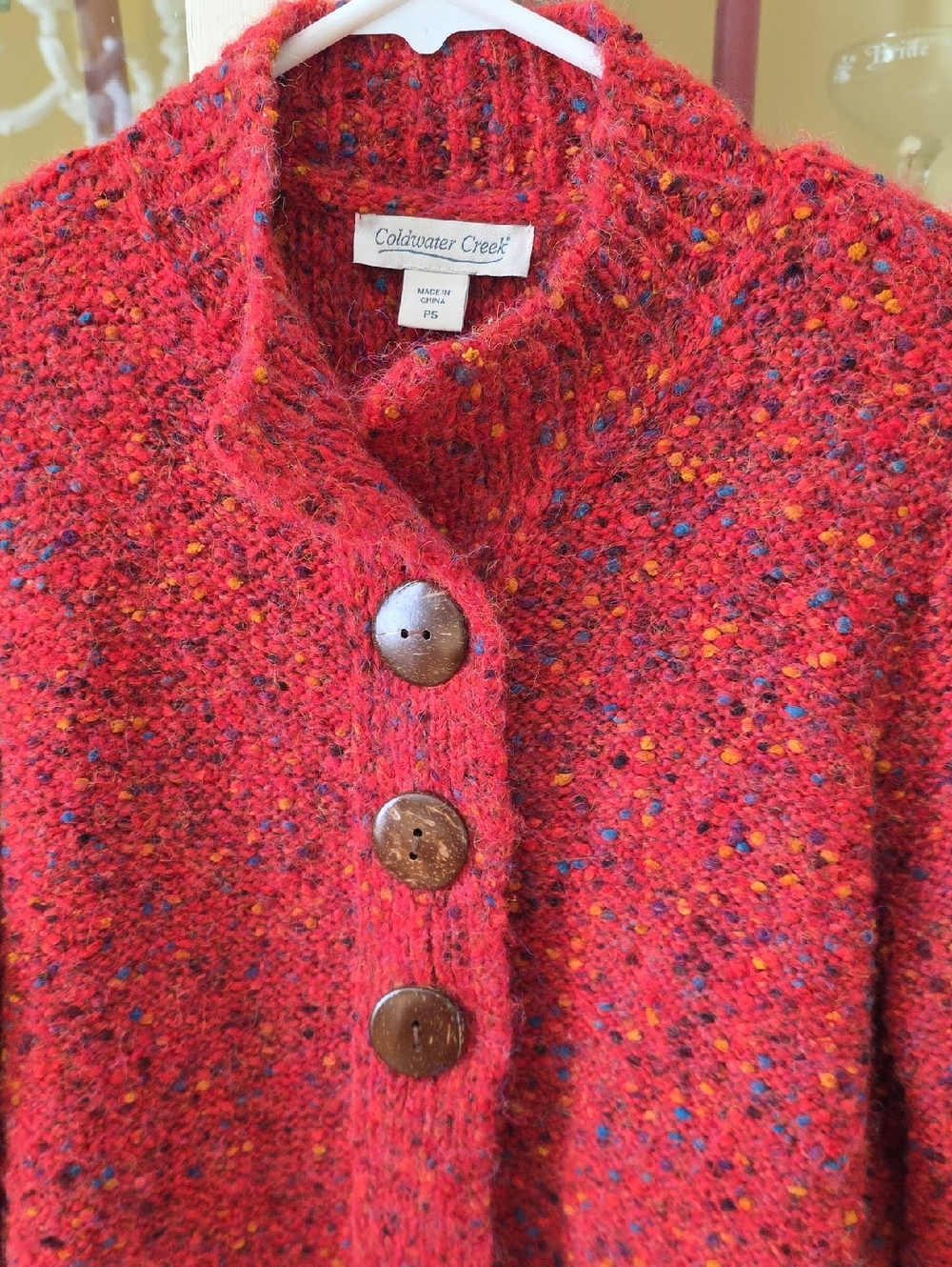 Coldwater Creek Red Tweed Button-Front Cardigan with Multicolor Flecks